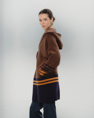 Cardigan largo de punto para mujer con rayas en bajo y mangas